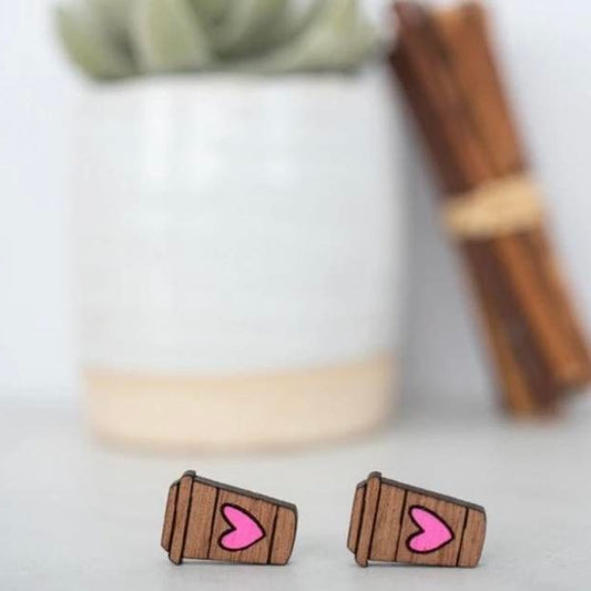 Pink Heart Coffee Cup Wooden Stud Earrings - Limited Edition