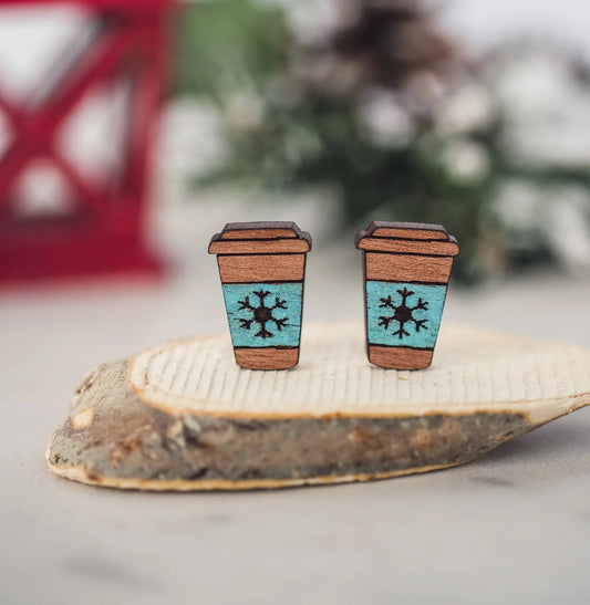 Snowflake Coffee Cup Wooden Stud Earrings - Limited Edition